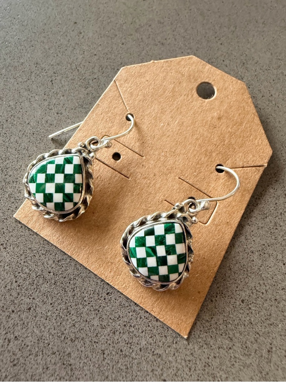 Sterling Silver Malachite Inlay Checkered Earrings | Festival Style Brand New